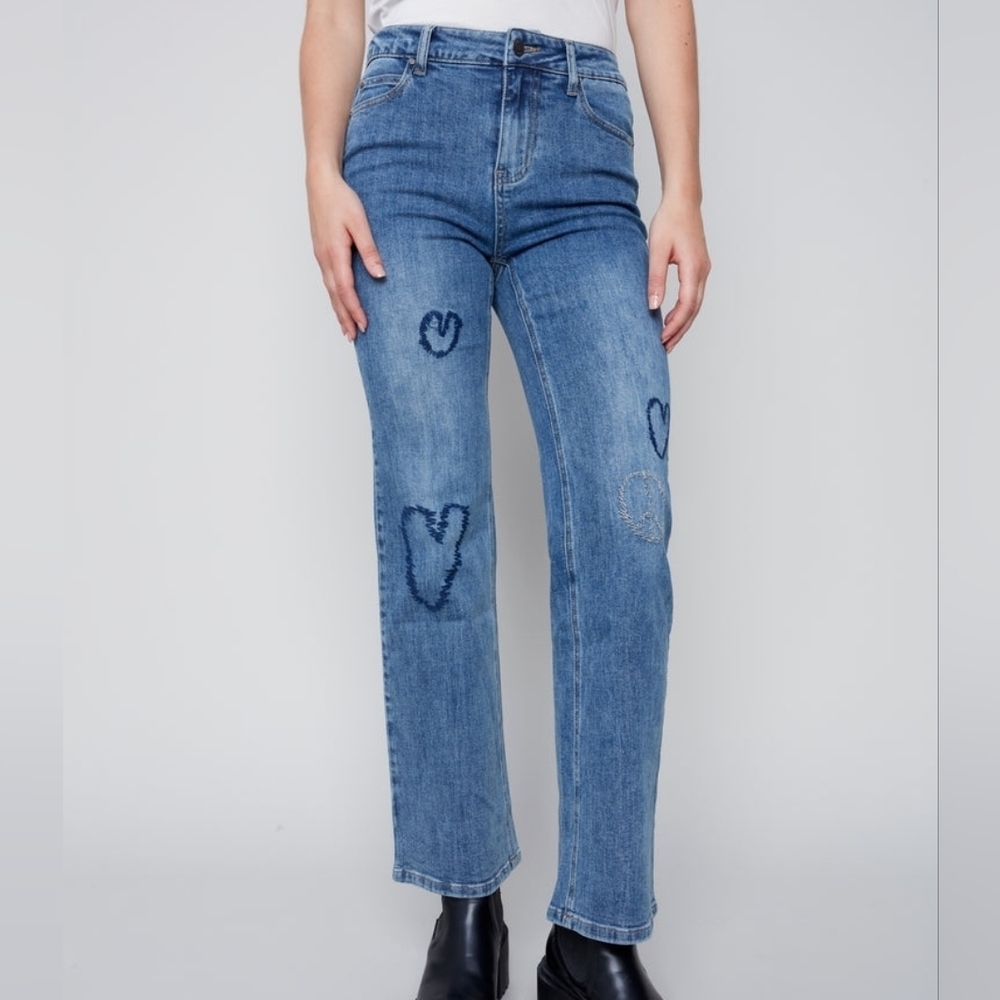 Charlie B Denim Straight Leg Jeans Heart And Peace Embroidered Detail Size 6